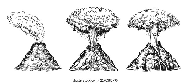 Mountain volcano activity with magma and smoke. Natural disaster, volcano eruption with lava. Sketch vintage vector