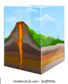 mountain with volcano crater section in glass box vector illustration