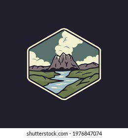 Mountain volcano emblem hand drawn vintage logo illustration