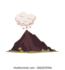 Mountain volcano erupting gas and smoke from crater, flat vector illustration isolated on white background. Cartoon icon or symbol of regurgitating volcano hill.