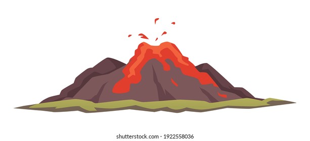 Berg-Vulkan, der rot-heiße Lava aus Krater ausbricht, flache Vektorgrafik einzeln auf weißem Hintergrund. Kartoon Symbol oder Symbol für das Aufstoßen oder Ausbruch des Vulkans.