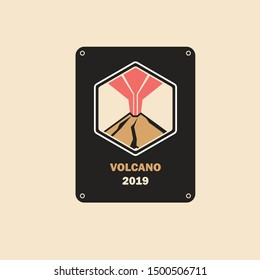 Mountain volcano eruption logo, with puff of hot smoke and lava. Vintage badge background style. Editable vector template