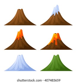 Mountain with Volcano, Forest and Snow Set. Vector