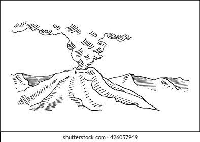 mountain volcano with hot lava hand drawn sketch vector illustration