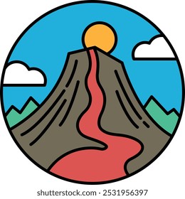 A mountain with a volcano on top and a red river flowing down its side. The mountain is surrounded by a blue sky and clouds