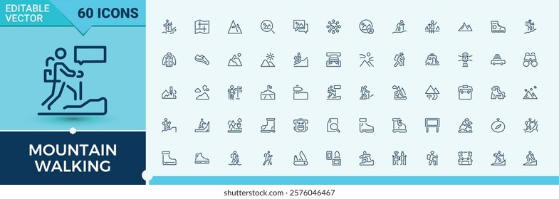 Mountain Walking icons set in linear style. Includes thin line path, campfire, outdoor, summer, boot, flashlight and more. Minimal icons. Editable stroke.