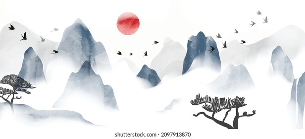 Mountain wall art vector. China Poster, Watercolor Landscape, Floating Mountains with tree birds and sun design for  Home Decor, Office Art and wallpaper.