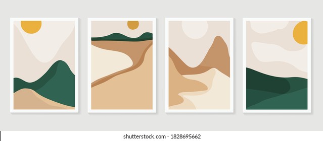 Mountain wall art vector set. Earth tones landscapes backgrounds set with moon and sun.  Abstract Plant Art design for print, cover, wallpaper, Minimal and  natural wall art. Vector illustration.
