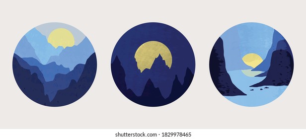 Mountain wall art vector set. Earth tones landscapes backgrounds set with moon and sun.  Abstract Plant Art design for print, cover, wallpaper, Minimal and  natural wall art. Vector illustration.
