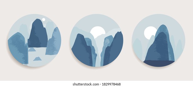 Mountain wall art vector set. Earth tones landscapes backgrounds set with moon and sun.  Abstract Plant Art design for print, cover, wallpaper, Minimal and  natural wall art. Vector illustration.
