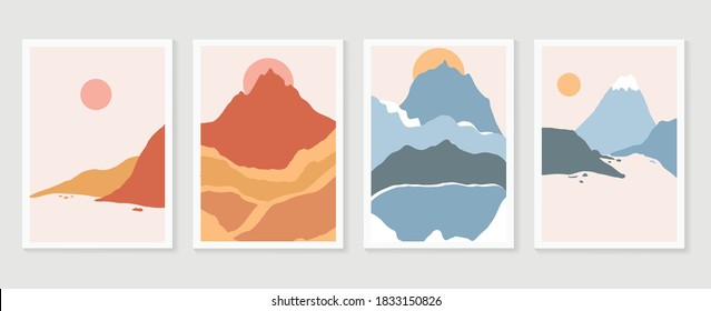 Mountain wall art vector set. Earth tones landscapes backgrounds set with moon and sun.  Abstract Plant Art design for print, cover, wallpaper, Minimal and  natural wall art. Vector illustration.