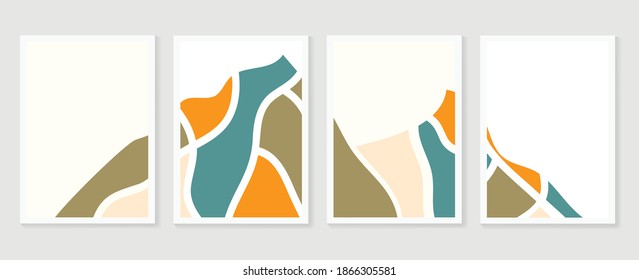 Conjunto de vectores de arte de pared de montaña. Los paisajes en tonos tierra están rodeados de luna y sol.  Resumen Diseño de arte vegetal para impresión, cubierta, papel pintado, arte de pared mínimo y natural. Ilustración vectorial.