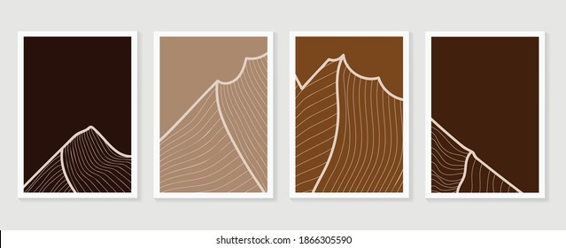 Mountain wall art vector set. Earth tones landscapes backgrounds set with moon and sun.  Abstract Plant Art design for print, cover, wallpaper, Minimal and  natural wall art. Vector illustration.