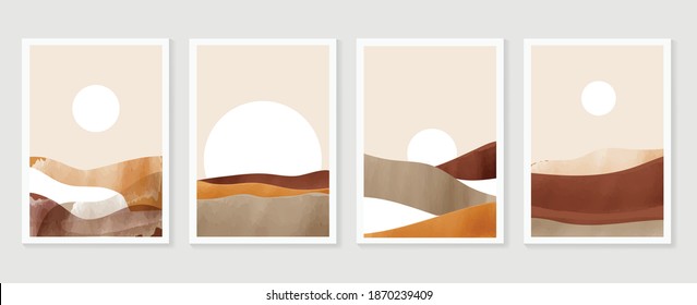 Mountain wall art vector set. Earth tones landscapes backgrounds set with moon and sun.  Abstract Plant Art design for print, cover, wallpaper, Minimal and  natural wall art. Vector illustra