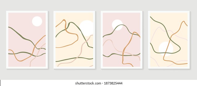 Mountain wall art vector set. Earth tones landscapes backgrounds set with moon and sun.  Abstract Plant Art design for print, cover, wallpaper, Minimal and  natural wall art. Vector illustration.