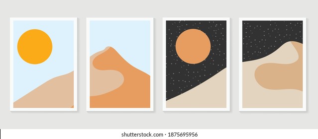 Mountain wall art vector set. Earth tones landscapes backgrounds set with moon and sun.  Abstract Arts design for wall framed prints, canvas prints, poster, home decor, cover, wallpaper. 