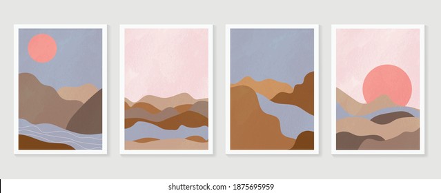 Mountain Wall Art Vector Set. Earth Tones Landscapes Backgrounds Set With Moon And Sun.  Abstract Arts Design For Wall Framed Prints, Canvas Prints, Poster, Home Decor, Cover, Wallpaper. 