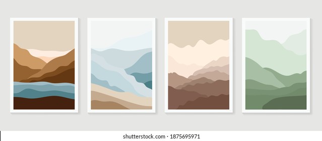 Mountain wall art vector set. Earth tones landscapes backgrounds set with moon and sun.  Abstract Arts design for wall framed prints, canvas prints, poster, home decor, cover, wallpaper. 