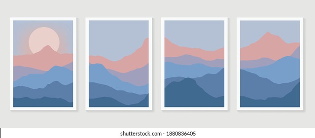 Mountain Wall Art Vector Set. Earth Tones Landscapes Backgrounds Set With Moon And Sun.  Abstract Arts Design For Wall Framed Prints, Canvas Prints, Poster, Home Decor, Cover, Wallpaper. 