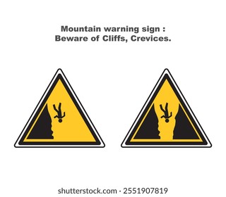 Mountain warning sign : Beware of Cliffs, Crevices. Ski mountain warning. Isolated illustration.