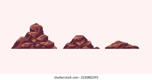 Mountain wasteland pixel art set. Desert hill collection. Stone and rock. Landscape nature element. 8 bit sprite. Game development, mobile app.  Isolated vector illustration.