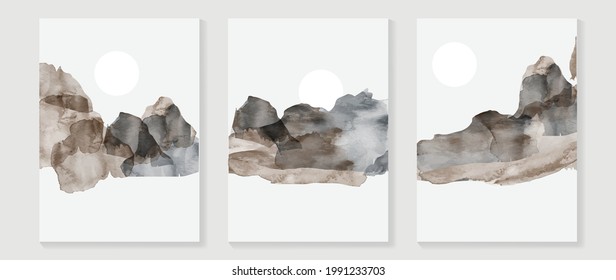 Mountain water color background vector. landscape wall art design with brush texture, sun, birds and cloud. Modern art mural wallpaper. Vector illustration.