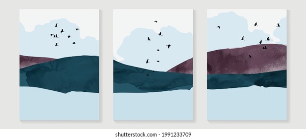 Mountain water color background vector. landscape wall art design with brush texture, sun, birds and cloud. Modern art mural wallpaper. Vector illustration.