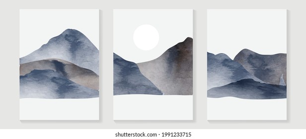 Mountain water color background vector. landscape wall art design with brush texture, sun, birds and cloud. Modern art mural wallpaper. Vector illustration.