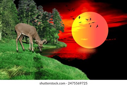 mountain, water, moon, lake, sun, natural, safari, sunrise, animals world, wildlife, landscape, illustration, nature, vector, forest, deer, silhouette, background, tree, night, wild, travel, sunset, 