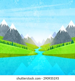 Mountain Water River Landscape Forest Green Park Blue Sky Flat Vector Illustration