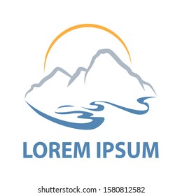 mountain, water waves and sun, line art style, vector logo template