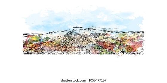 Mountain watercolor splash with hand drawn sketch illustration in vector.