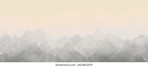 Mountain watercolor vector background with sky and clouds. Oriental luxury misty landscape illustration with watercolor texture for design interior, flyers, poster, cover, banner. Modern painting.