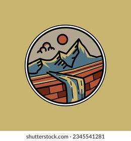 Mountain and waterfall for adventure graphic illustration vector art t-shirt design