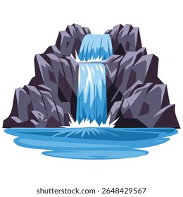 Mountain waterfall with cascading water flow isolated vector illustration on white background