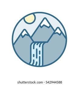 Mountain waterfall. Colorful flat design icon.