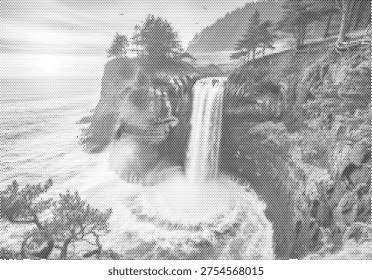 mountain waterfall dropping from cliff into stream in monochrome halftone texture with refreshing natural energy and retro atmosphere