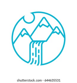 Mountain waterfall. Flat design linear icon.