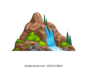 Cachoeira de montanha com árvores de floresta de paisagem pré-histórica da era dos dinossauros, ativo de jogo vetorial. Cartoon ambiente natural da cascata de cachoeira ou rio em cascata na rocha de montanha e fluxo de água para a cena do jogo