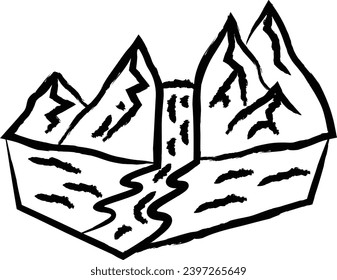 Mountain waterfall hand drawn vector illustration