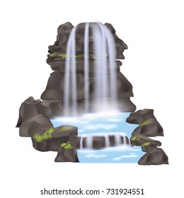 Mountain waterfall icon in flat stle. Nature landscape design element, river cascade isolated vector illustration.