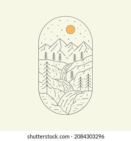 mountain waterfall illustration ( like yellowstone and yosemite )in mono line art, patch badge design, emblem design, T-Shirt Design