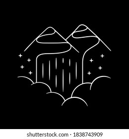 Mountain and waterfall illustration. Mountain and waterfall line art with white outline color. Illustration design for apparel products, mugs and wall posters