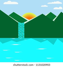 Of a mountain with a waterfall and a lake in flat style. Abstract vector illustration
