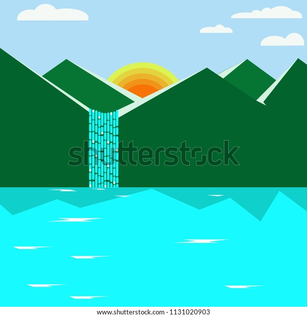 Of a mountain with a waterfall and a
lake in flat style. Abstract vector
illustration