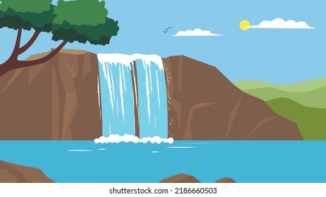 Mountain waterfall and lake, illustration