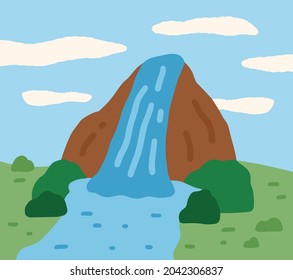 Mountain with waterfall on Jeju island in Korea. Stream of water fall flowing from mounts peak. Korean landscape with touristic nature landmark Jeongbang in doodle style. Flat vector illustration