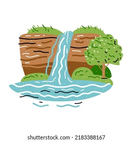 Mountain with waterfall on Jeju island in Korea. Korean landscape with touristic nature landmark Jeongbang in doodle style. Stream of water fall flowing from mounts peak.