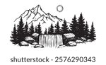 mountain waterfall with pine trees and sun hand-drawn black and white illustration
