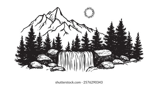 mountain waterfall with pine trees and sun hand-drawn black and white illustration